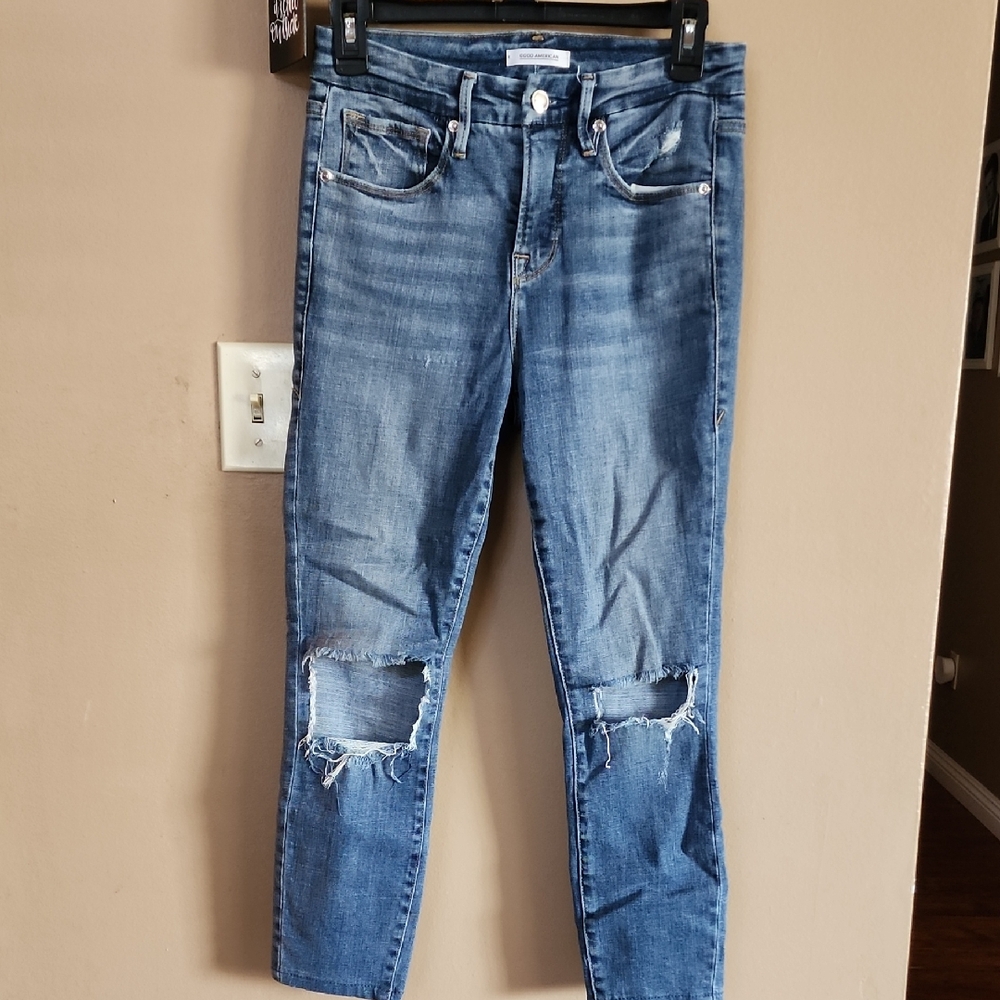 Good American Blue Distressed Ankle Jeans